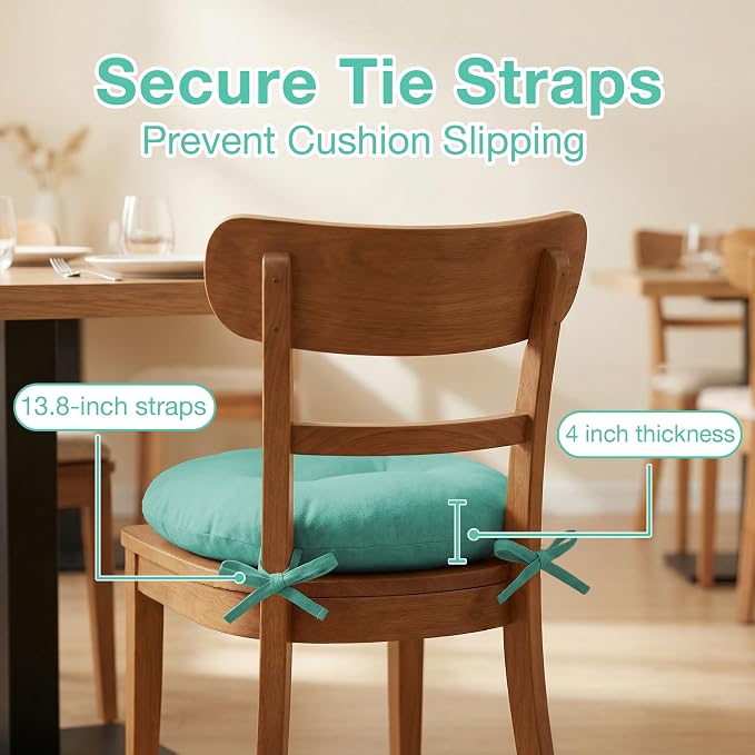 Green Bistro Chair Cushions Set of 2, Round Seat Chair Pads with Ties for Dining Room Patio