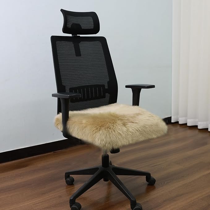 Real Sheepskin Seat Cushion Non Slip Comfortable Natural Wool Seat Cushion for Home Sofas Restaurant Cars Office Classroom Conference Room(18x18 Inch,1 Pcs,Khaki Brown)