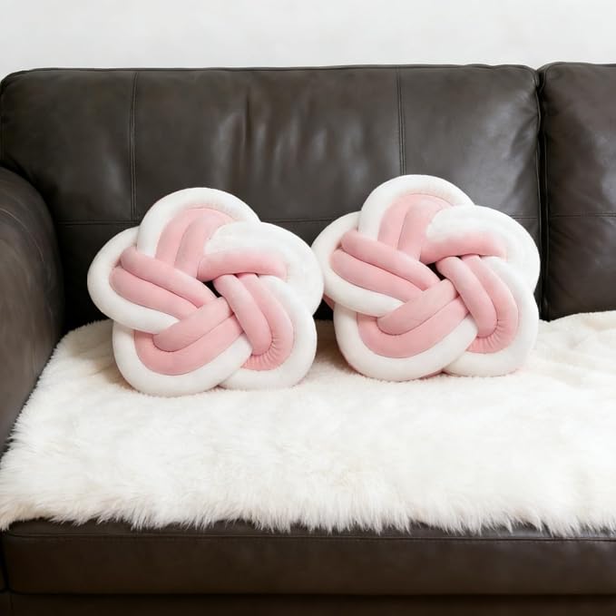 2Pcs Knot Pillow Ball，Soft Home Decorative Round Throw Pillow，Handmade Knotted Plush Pillow，Star-Shaped Round Boucle Pillow Cushion (Pink)