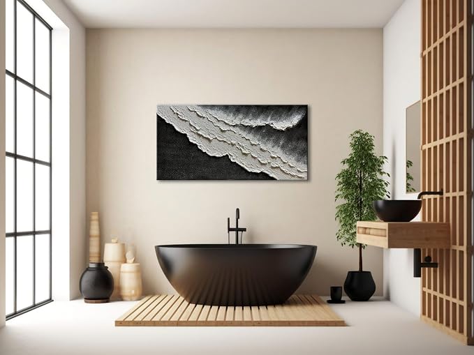 zoinart Hand Painted Large Textured Wall Art, 60x30 Inches Abstract Modern Ocean Wave Paintings, Black and White Beach Wall Art for Living Room Bedroom Wall Decor