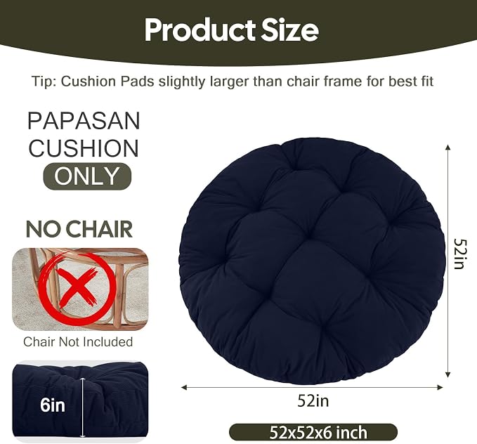 idee-home Papasan Chair Cushion, Circle Papasan Chair Cushion(Cushion Only) | Papasan Cushion with Thick Corduroy Cover, 52 x 52 Inch Cushion for Egg Chair, Navy