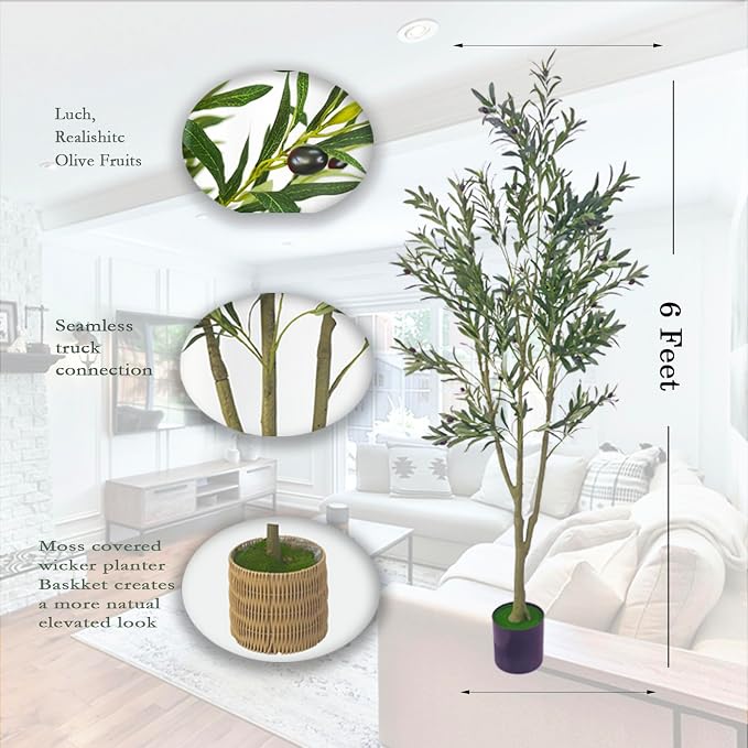 6FT Artificial Olive Tree – Lifelike Faux Olive Plant with Realistic Olive Fruits in Nursey Pot for Indoor Living Room Outdoor and Office Decor