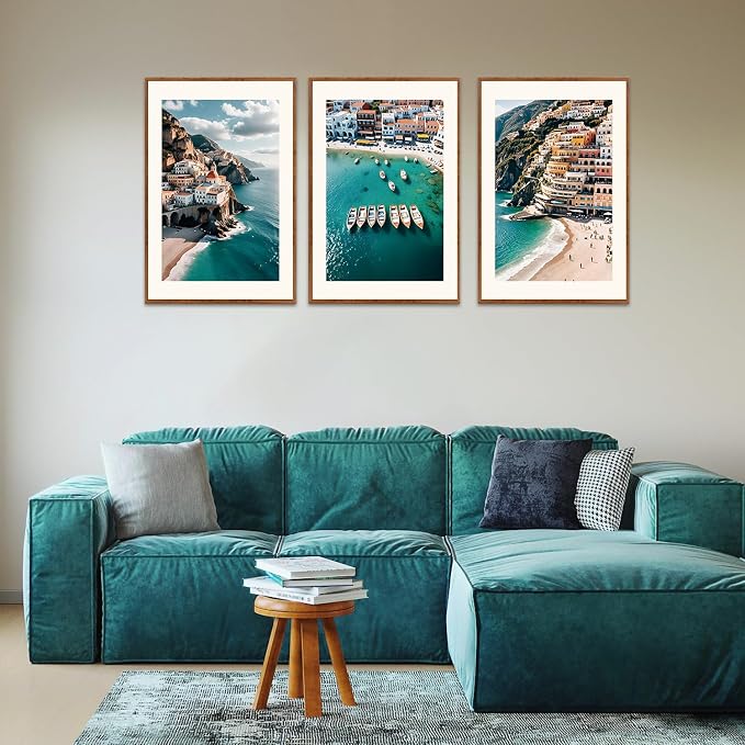 LHIUEM Italy Amalfi Coastal Framed Canvas Wall Art,Summer Positano Sea Wall Decor,Modern Blue Ocean Painting,Nature Beach Photography Artwork for Living Room,Bedroom,Dining Room -16"x24"x3