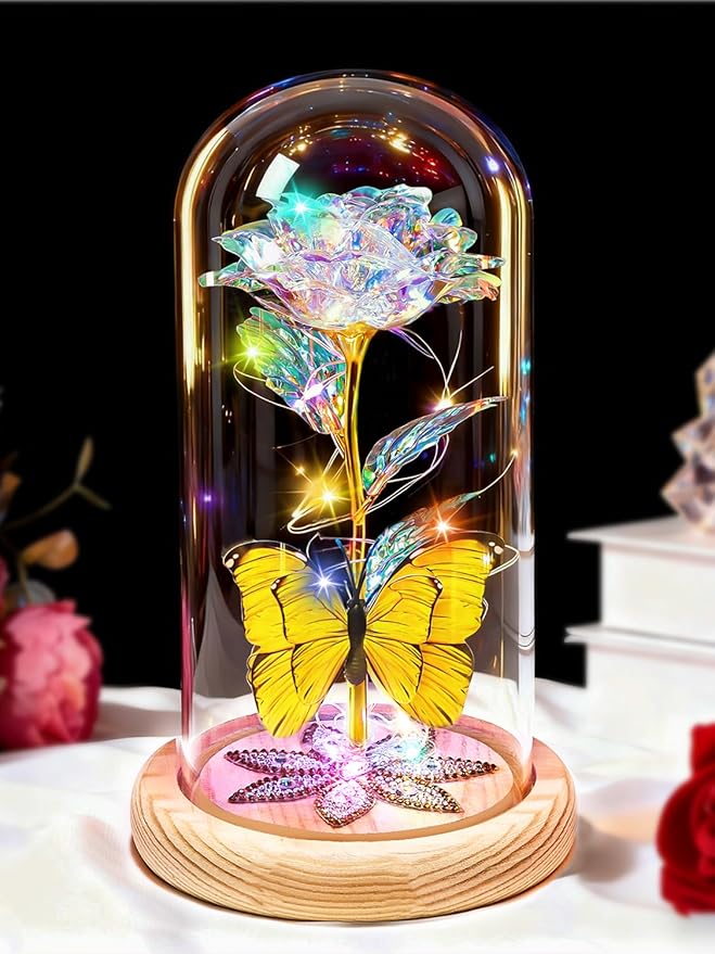 Beferr Birthday Gifts for Women Galaxy Glass Rose Forever Preserved Flowers for Delivery Light Up Rose in Glass Dome Mothers Day Butterfly Gifts for Mom Wife Grandma Her Daughter Girlfriend