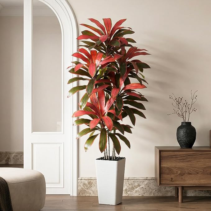 Artificial Dracaena Tree：6FT Faux Silk Tropical Yucca Floor Trees Realistic Fake Green Plant with Natural Wood Trunk & Lifelike Leaves for Home Office Decor Indoor & Outdoor (6FT,1-Pack,White)