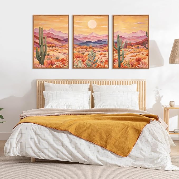 HOURIA 3Pcs Abstract Sunset Mountain Desert Cactus Canvas Wall Art(24"x36"),Vintage Southwest Landscape Arizona Wall Decor,Mid Century Modern Boho Wilderness Art Print for Office Farmhouse Living Room