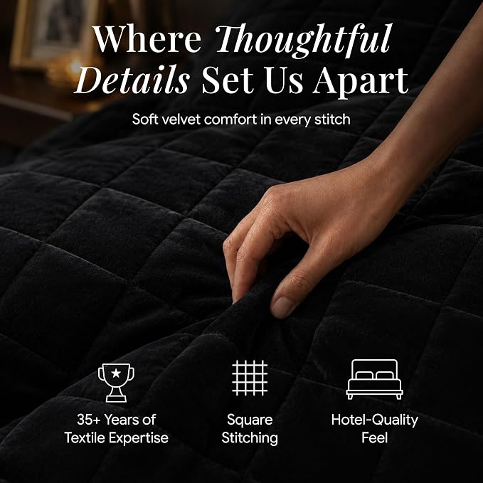 Tribeca Living Luxury Velvet Quilt Twin Size Set - 260GSM Ultra-Soft Oversized Velvet Bedspread Comforter Set with 1 Sham, in Florence Black