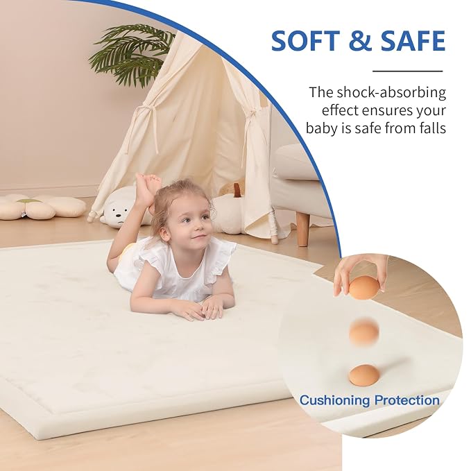 Huloo Sleep Ultra Soft Baby Play Mat for Floor, 1.3" Thick Elasti-Foam 59x59 Play Mat for Playpen,Water-Repellent Coral Velvet for Tummy Time, Non-Slip Backing,Safe for Toddlers & Infants（Cream）