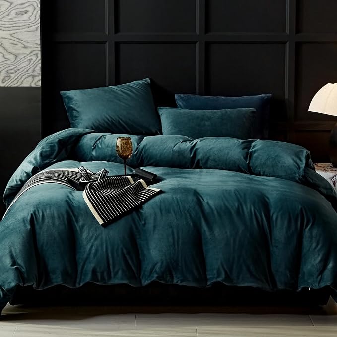 WARMDERN Peacock Blue Flannel Velvet Duvet Cover Queen Size Duvet Cover Bedding Sets, 3pcs Ultra Soft Luxury Textured Modern Crystal Velvet Duvet Covers with Zipper Closure(Peacock Blue, Queen)