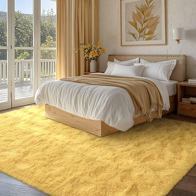 FinRèc Soft Yellow Rugs for Bedroom Living Room, 3x5 Feet Fluffy Shaggy Area Rug, Non-Slip Fuzzy Furry Shag Rug for Nursery Kids Room Dorm Room Home Decor, Indoor Plush Floor Carpet
