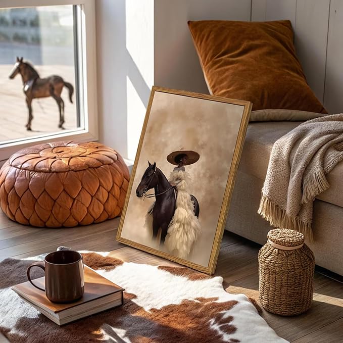 Framed Western Cowgirl Wall Art, Fashion Black Girl Riding Horse Canvas Wall Decor Painting, Black Woman African American Bride Pictures Prints Aesthetic Home Decor for Living Room Bedroom 12x16 inch