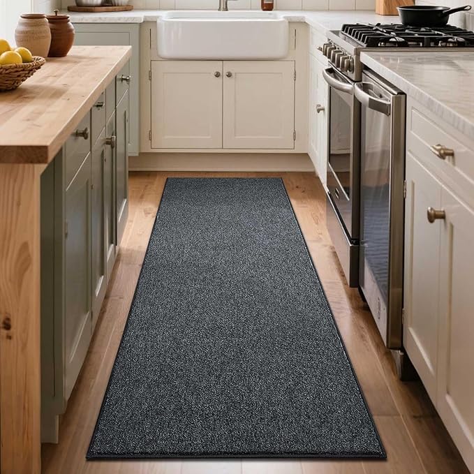 FinRèc 2x8 Washable Runner Rugs for Kitchen Hallway Bedroom, Low Pile Thin Rug Solid Color, Non-Slip Carpet Indoor for Home Decor (Grey)