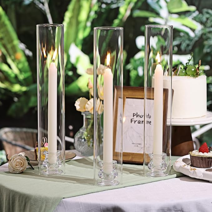 Volens Hurricane Glass Candle Holders- Set of 6 Candlestick Holders for Taper Candles with Windproof Cylinder Covers 14" Tall Clear Glass Chimney Cover for Wedding Table Centerpiece Home Decor