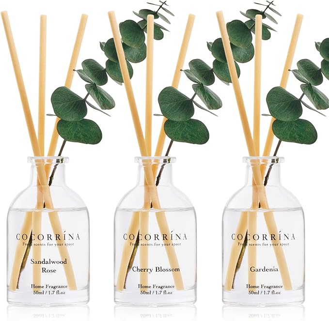 COCORRÍNA Eucalyptus Reed Diffuser Set of 3 - Sandalwood Rose, Cherry Blossom, Gardenia Scents, 1.7 fl oz Each, Total 5.1 oz, Scented Oil Diffusers for Home & Office