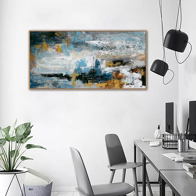 Framed Abstract Wall Art Large Canvas Picture Modern Blue Grey Brown Canvas Painting Artwork Abstract Canvas Prints Wall Decoration for Living Room Bedroom Office Home Wall Decor Ready to Hang 24x48in