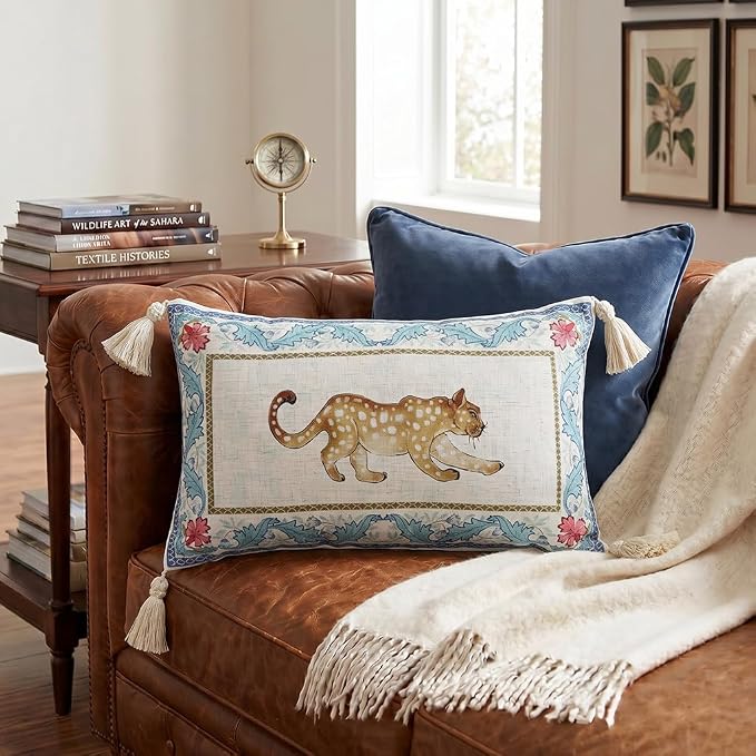 patdrea Designer Vintage Linen Throw Pillow Cover,12"x20",Set of 2-Fromm B | Elegant Decorative Pillow Case,Leopard Print with Tassel,Pillow Cover for Couch Living Room Bedroom Sofa