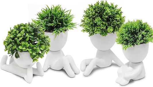 MAKHOT 4 Packs Creative Fake Plants Artificial Succulents Plants in Ceramic Human Shaped Pots, Cute Faux Succulents Mini Plant for Room Bathroom Home Office Desk Accessories Decor(White)