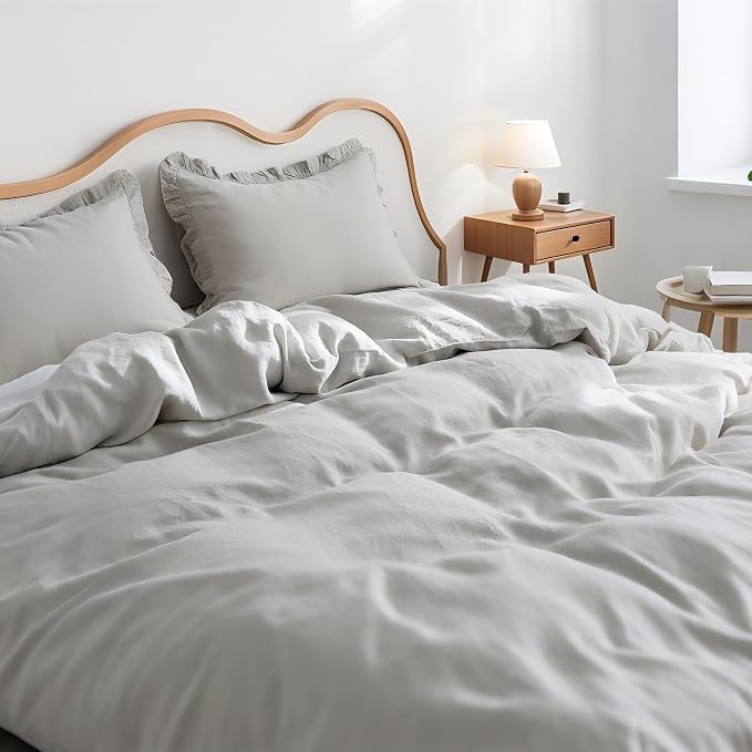 Simple&Opulence 100% Linen Duvet Cover Set, Natural French Flax Light Grey Ruffle Duvet Cover Twin Size, Breathable Comfy Linen Bedding Comforter Cover with 1 Pillowcase (Light Grey, 68" x 86")