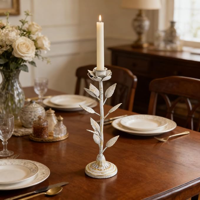 2-Piece Vintage Rose Taper Candle Holders, Distressed Distressed White & Gold Metal Candlestick Stands with Pink Floral Design, 12.2" Tall Rustic Farmhouse Tabletop Decor for Wedding, Dining & Home