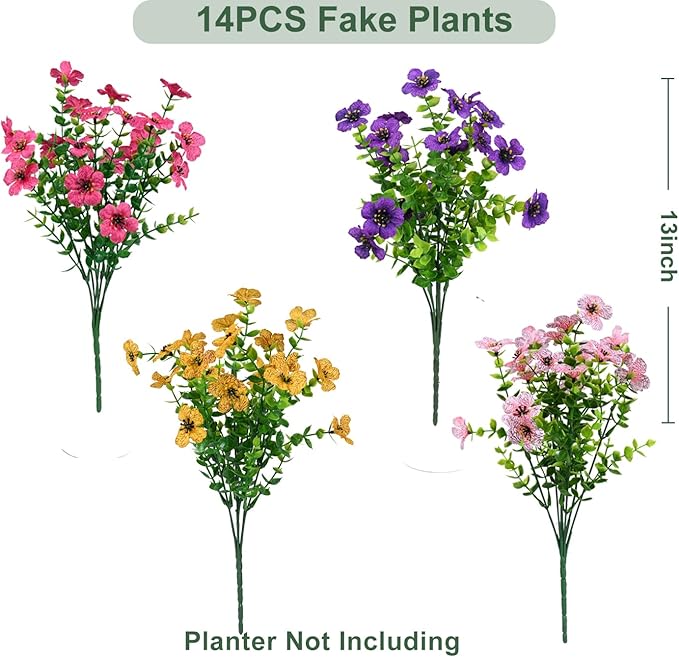trytuny Artificial Flowers for Outdoor, UV Resistant Fake Silk Flowers, Realistic Faux Plants for Outside Indoor Porch Patio Window Box Planter Home Decor (14, Yellow Purple Rosy Pink)