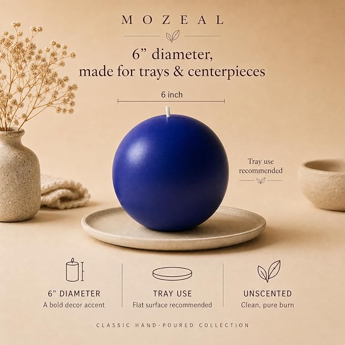 MOZEAL Hand-Poured, 6 Inch Royal Blue Large Round Ball Candles - Elegant Royal Blue Round Pillar Candles, Dripless, Unscented, Smokeless, Ideal for Formal Events.