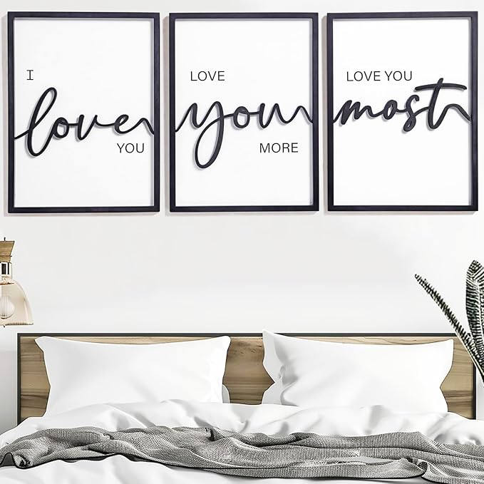 3D Wood I Love You Sign, Framed Love You More Sign 36x16”, Black And White Wall Decor for Bedroom Room Living Room (12x16 inches, Set of 3, Framed)