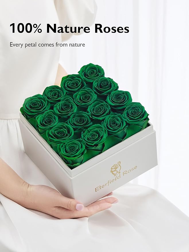 Eterfield Forever Flowers Preserved Roses Real Roses that Last Over a Year Rose Box Gifts for Her Mothers Day Valentines Day Christmas (Square White Box, 16 Blackish Green Roses)