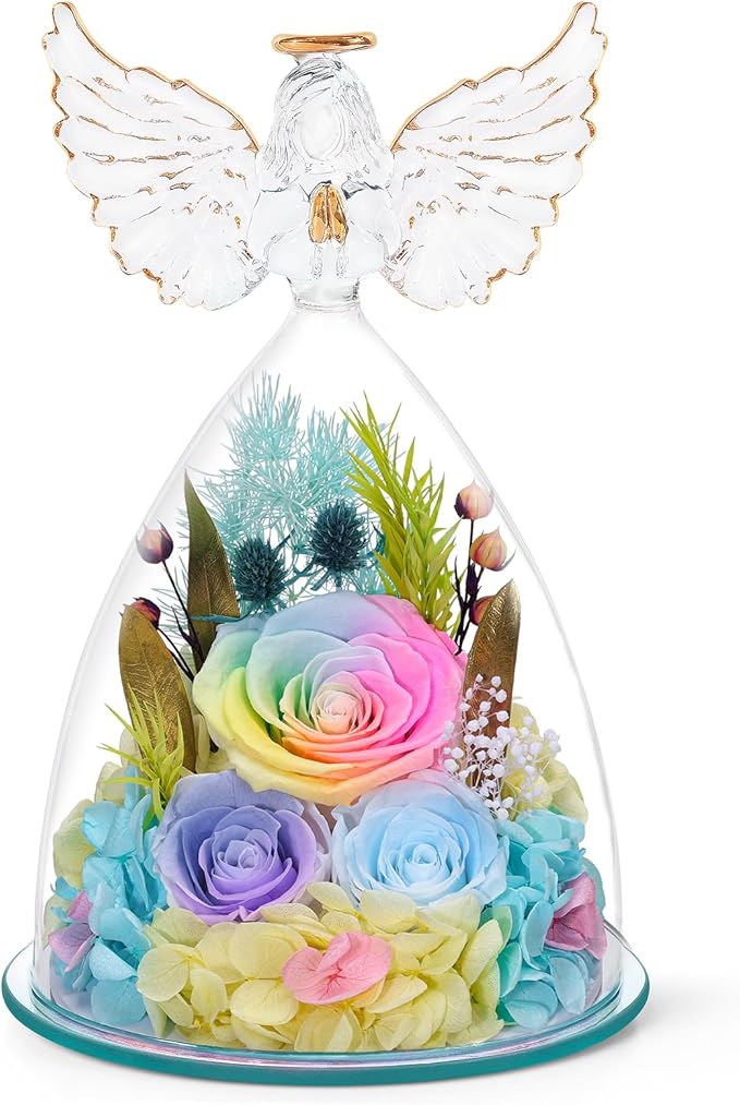 FIACO Gifts for Women Mom Preserved Rose Forever Flower in Glass Angel Figurine Fresh Flowers for Delivery Birthday Gifts for Grandma Wife Sister Eternal Roses
