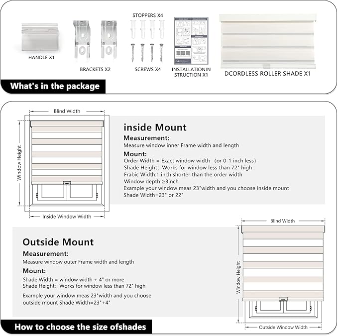 AOSKY Cordless Zebra Blinds for Windows Pull Down Roller Window Shades Dual Layer Light Filtering Privacy for Day and Night, Free-Stop Door Shades for Home Easy to Install (45" W X 72" H, Beige)