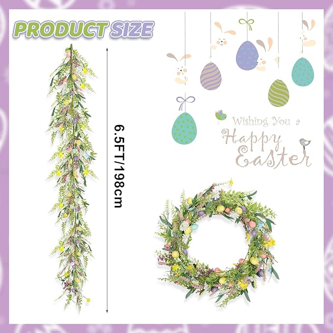 2Pcs 6.5 ft Easter Garland-Spring Garland Egg and Mixed Berry Garland Hanging Rustic Spring Pastel Wreaths DIY Artificial Decorations Garland for Home Indoor Outdoor Easter Mantel Decorations