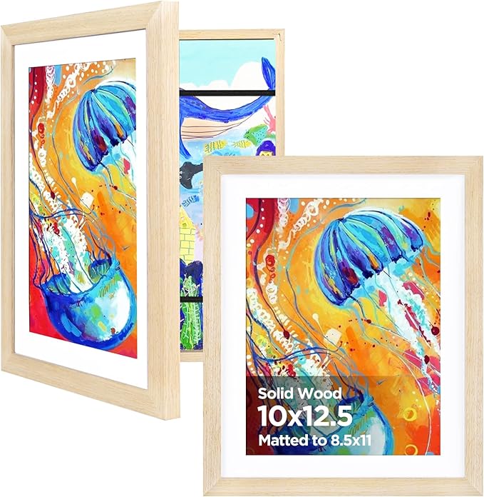 KINLINK 10x12.5 Kids Art Frame Set of 2, Solid Wood Kids Artwork Frames Changeable with Front Opening Hold 150 Pictures, Art Frames for Kids Art with Mat，without Mat 10x12.5 Picture Frame Natural
