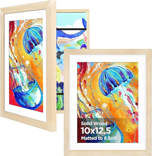 KINLINK 10x12.5 Kids Art Frame Set of 2, Solid Wood Kids Artwork Frames Changeable with Front Opening Hold 150 Pictures, Art Frames for Kids Art with Mat，without Mat 10x12.5 Picture Frame Natural