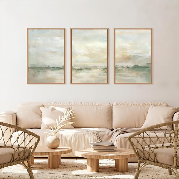 LHIUEM Large Abstract Green Gray Pastel Framed Canvas Wall Art,Neutral Landscape Wall Decor,Modern Watercolor Lake Artwork,Beige Textured Illustrations Art for Living Room,Bedroom,Office- 16"x24"x3