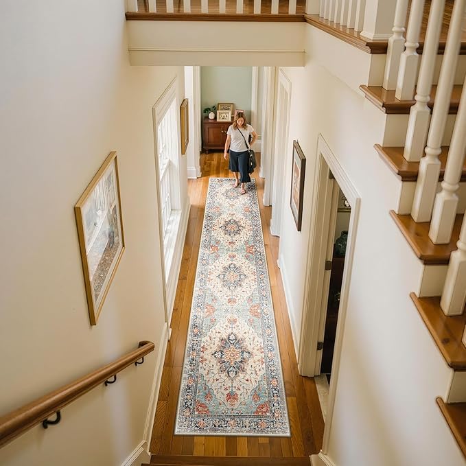 RELEANY Area Rugs 2'x10' Runner Rug Non Slip Washable for Kitchen Hallway Bedroom Beside Laundry Room Bathroom Rug, Floor Carpet, Beige Navy Blue Orange Colorful