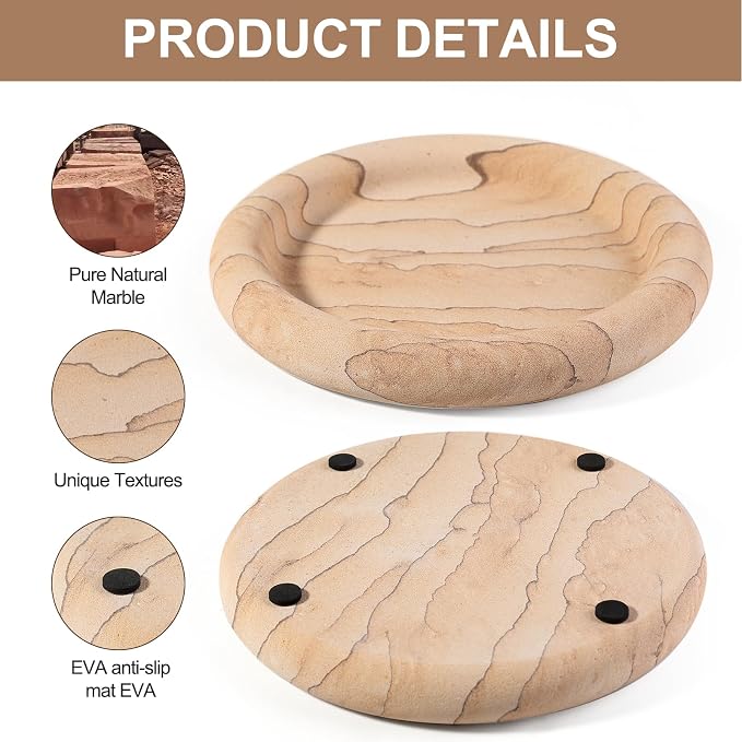 Marble Tray, 9.45" Marble Round Decorative Vanity Tray for Bathroom Bedroom Countertop, Kitchen Counter, Stone Catchall Tray for Perfume Jewelry Candle Dish (Vein Sandstone)