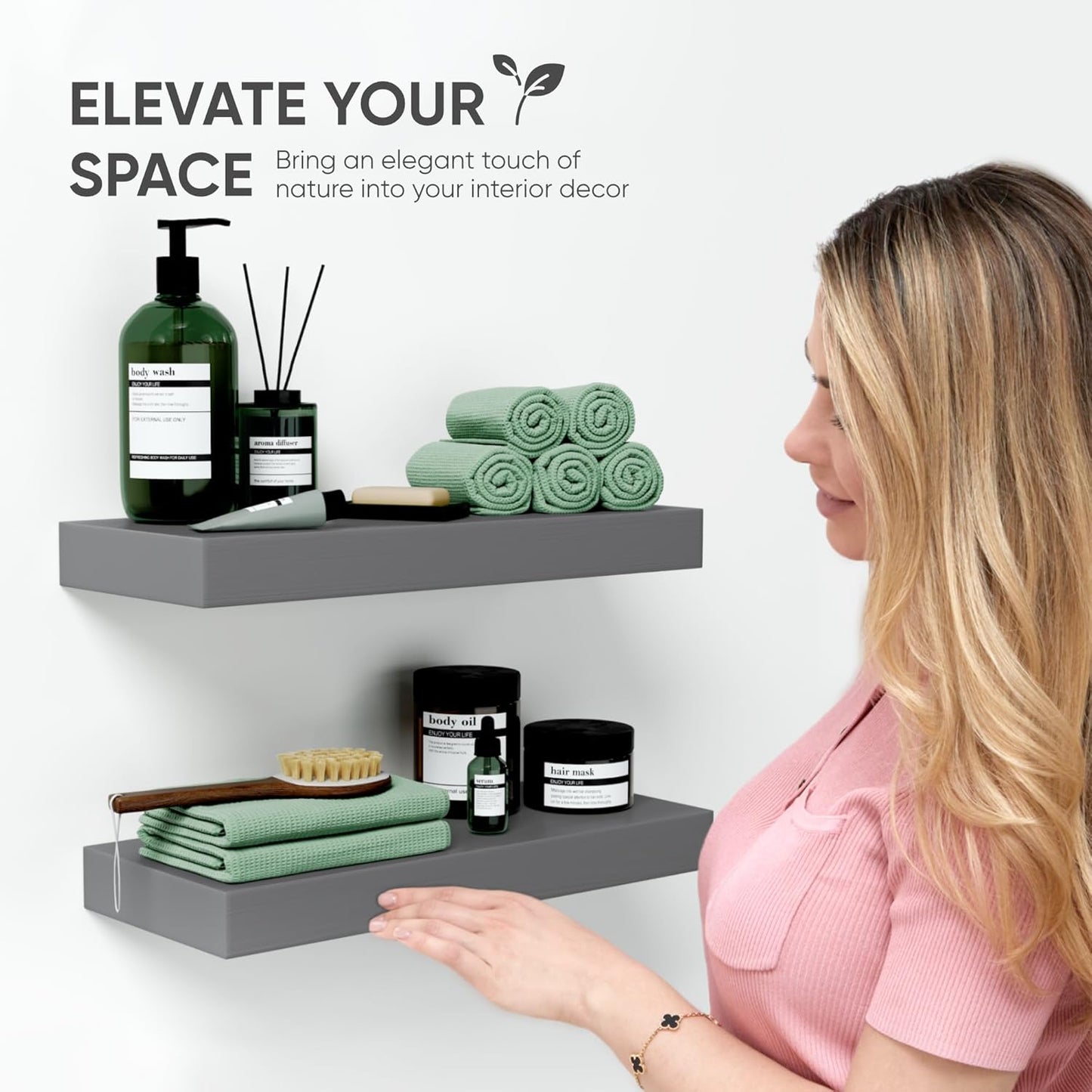 Homeforia Gray Floating Bathroom Shelves, High End Solid Real Wood 16 inch Small Floating Shelf for Wall Mounted, Grey Wooden 16 in Floating Shelves, Heavy Duty Bracket, 16 X 6.5 X 1.75 inch, Set of 2