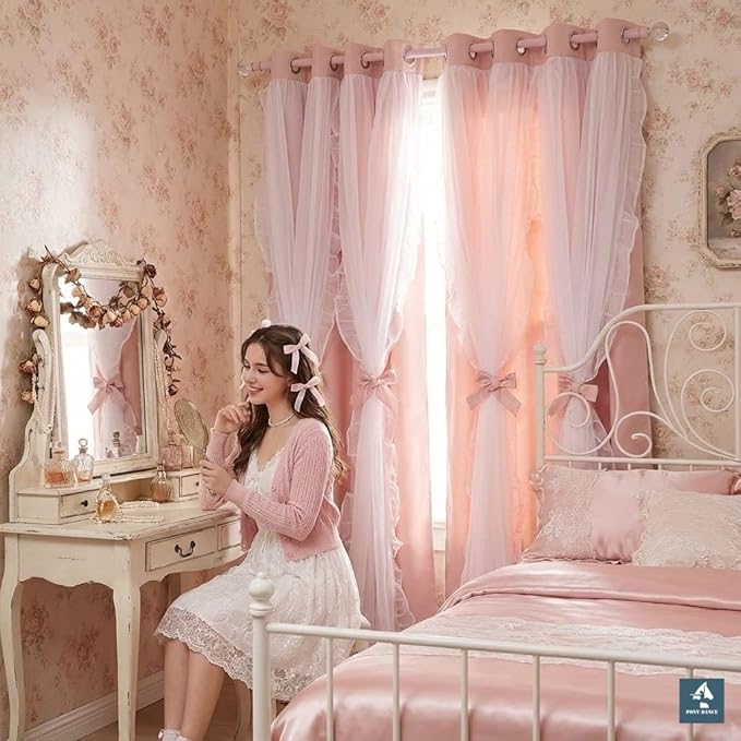 PONY DANCE Girls Curtains for Bedroom Decorative Drapes for Kids Double Layer Curtain Ruffle Sheer Overlay Room Darkening Coquette Pretty Chic Princess, 52x108 inch, Blush Pink, 2 PCs