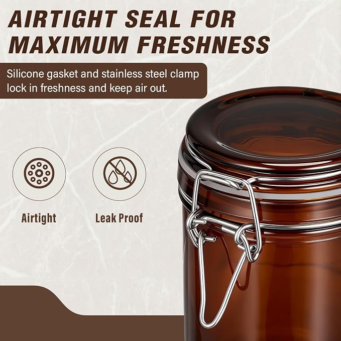 Norme 6 Pack 25oz Amber Airtight Glass Jars with Lids, Cylinder Food Storage Container Airtight Food Wire Clip Fastening for Sauerkraut Flour Kitchen Sugar Cereal Kitchen Canning Pickling Mason Jars