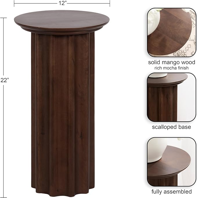 Kate and Laurel Gierson Modern Wooden Round Side Table; 12 x 12 x 22; Dark Brown; Transitional Scalloped Wood End Table for Use as Bedroom Nightstand or Living Room Accent Table