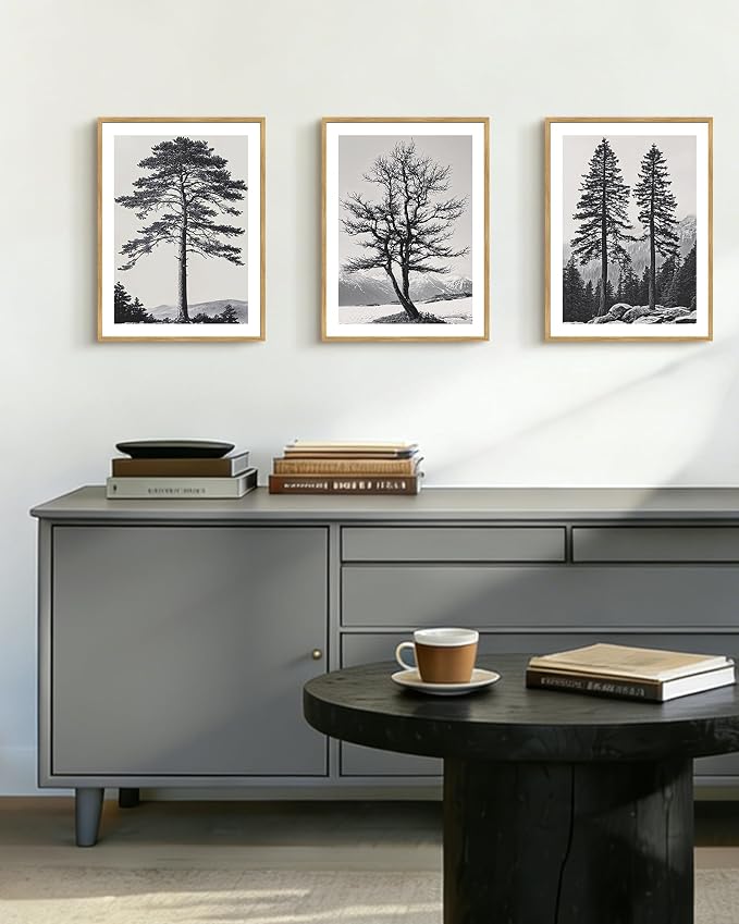 PHOPAGO Vintage Antique Tree Framed Wall Art Black and White Retro Forest Wall Decor Nature Wilderness Sketch Paints Modern Decor - 11x14in Natural Framed