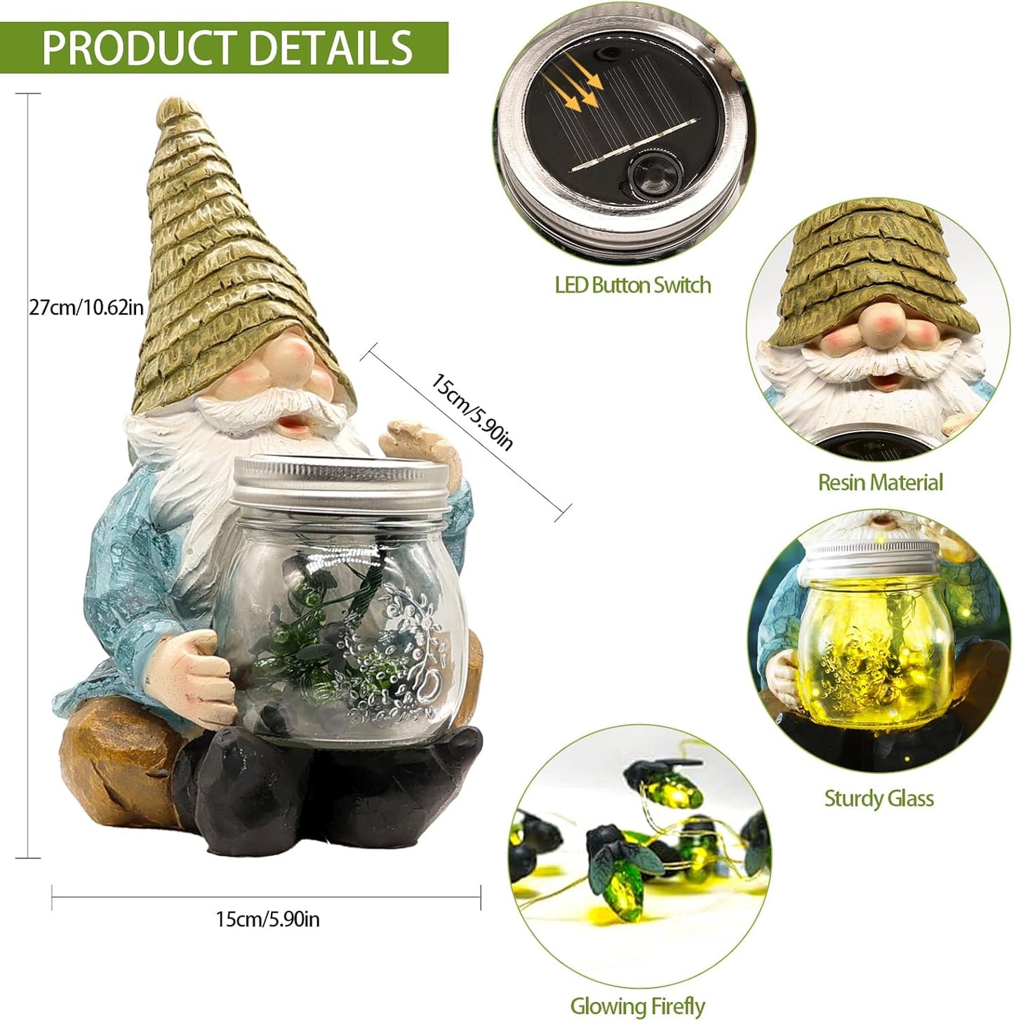 Solar Firefly Jar Gnome Waterproof- Large Garden Gnome Funny Solar Outdoor LED Lights Resin Statues 10.6" Lantern Figurines Decorations Birthday Gifts for Mom Women - Unique Housewarming Gifts