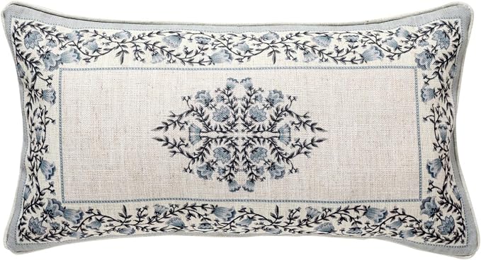 ISAENNE Designer Vintage Linen Throw Pillow Cover,20"x12"-Segerman A | Elegant Chinoiserie Rectangle Pillow Cover,Concealed Zipper Design,Floral Pattern,Sofas,Bedroom,Living Room,Lounge Chairs