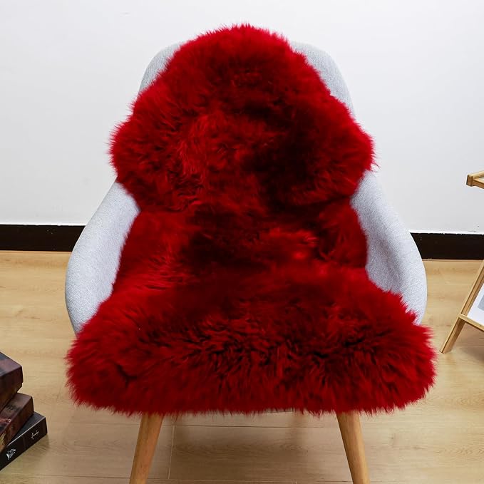 Red Genuine Sheepskin Rug, Fluffy Shaggy Fur Fuzzy Area Rug for Bedroom Living Room Soft Fur Wool Pray Pup Area Cushion Carpet, Chair Sofa Seat Cover, Single Pelt/2FT*3FT