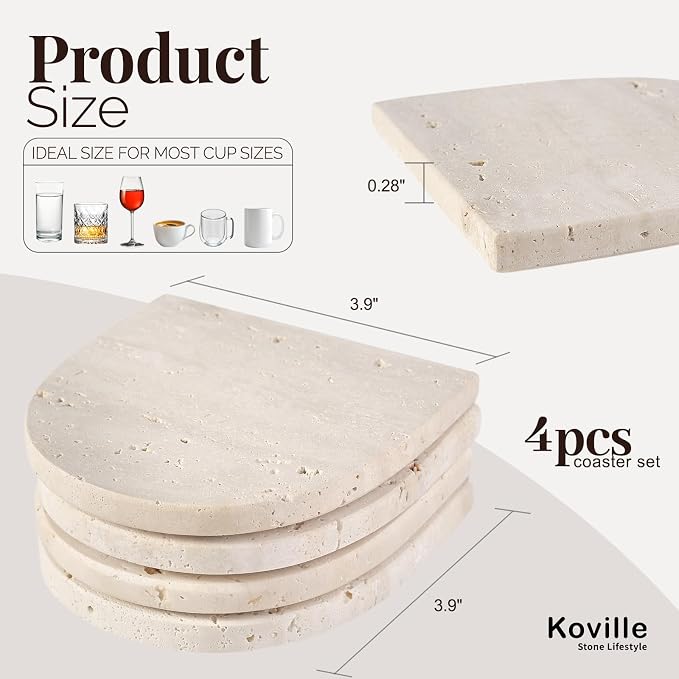 Koville Travertine Coaster Set of 4, Natural Marble Coasters for Drinks, 4" Stone Coasters Modern Arch Shape Heat Resistant, Decorative Marble Coaster for Table Home Decor(Beige)