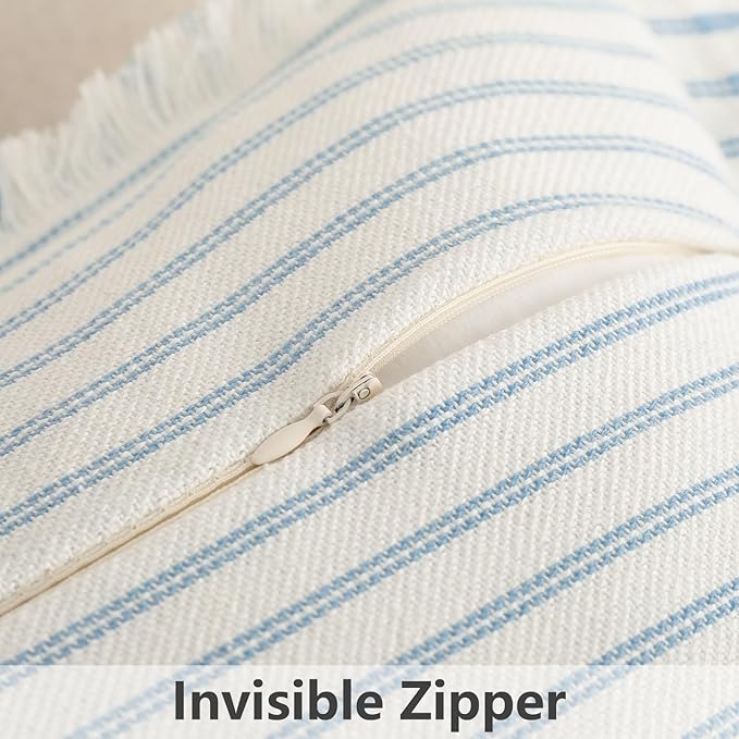 ZWJD Throw Pillow Covers 16x16 Set of 2 Striped Pillow Covers with Fringe Chic Cotton Decorative Pillows Square Cushion Covers for Sofa Couch Bed Living Room Farmhouse Decor, (Light Blue)