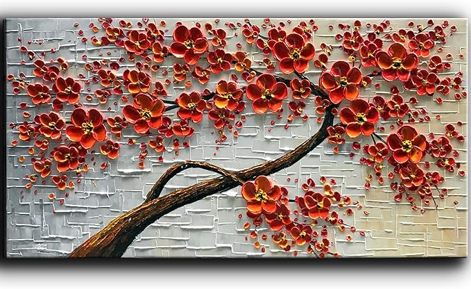 YaSheng Art -Large 3D Textured Framed Abstract Floral Oil Painting ,Wall Art for Living Room,hand painted Canvas Wall Art, Bedroom Wall Art Decor, 3D Red Floral Artwork, Modern Home Wall Decor 60x24inch