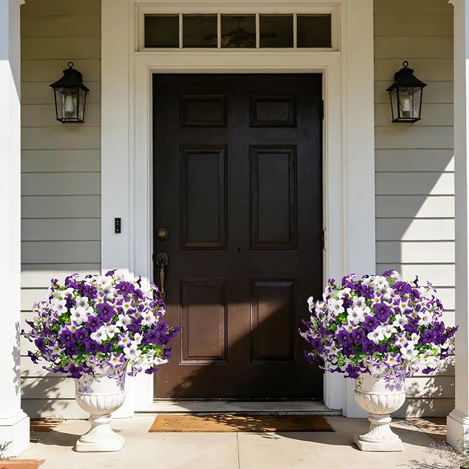 20 Bundles Artificial Petunias Flowers for Outdoors, Faux Silk Flowers UV Resistant Realistic Fake Plants for Outside Planters Porch Patio Yard Garden Spring Summer Home Decor, Purple White