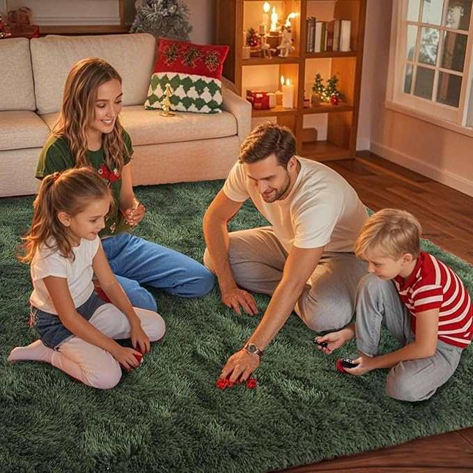 FinRèc 5x8 Feet Green Rug for Living Room Bedroom, Fluffy Fuzzy Shag Rugs, Non-Slip Furry Shaggy Area Rug for Nursery Kids Room Dorm Room Home Decor, Indoor Floor Carpet