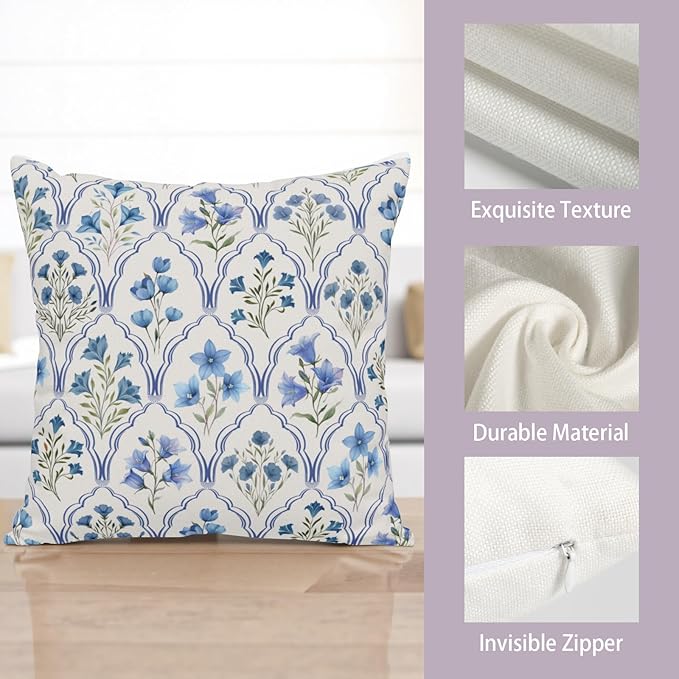 Pack of 2 Floral Throw Pillow Covers 20x20 Spring Summer Boho Flower Pillow Cases Blue Green Block Print Pillow Cover Farmhouse Seasonal Cushion Case for Home Sofa Couch Decor
