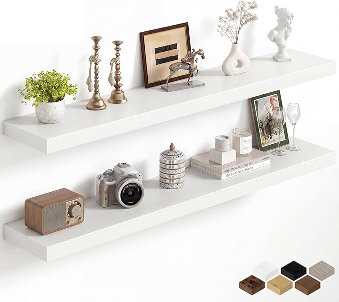 Fun Memories 48Inch Floating Shelves for Wall, 8 Inch Deep Shelves for Bathroom|Bedroom|Kitchen, Large Wall Mounted Wood Hanging Shelf with Invisible Brackets for Home Storage Decor, White - 2 Pack